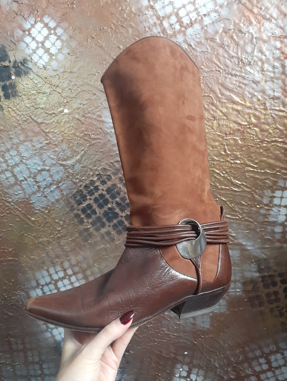 Vintage Via Spiga Two-Tone Leather And Suede Brown Western Boot with Wrap Strap - Picture 6 of 16